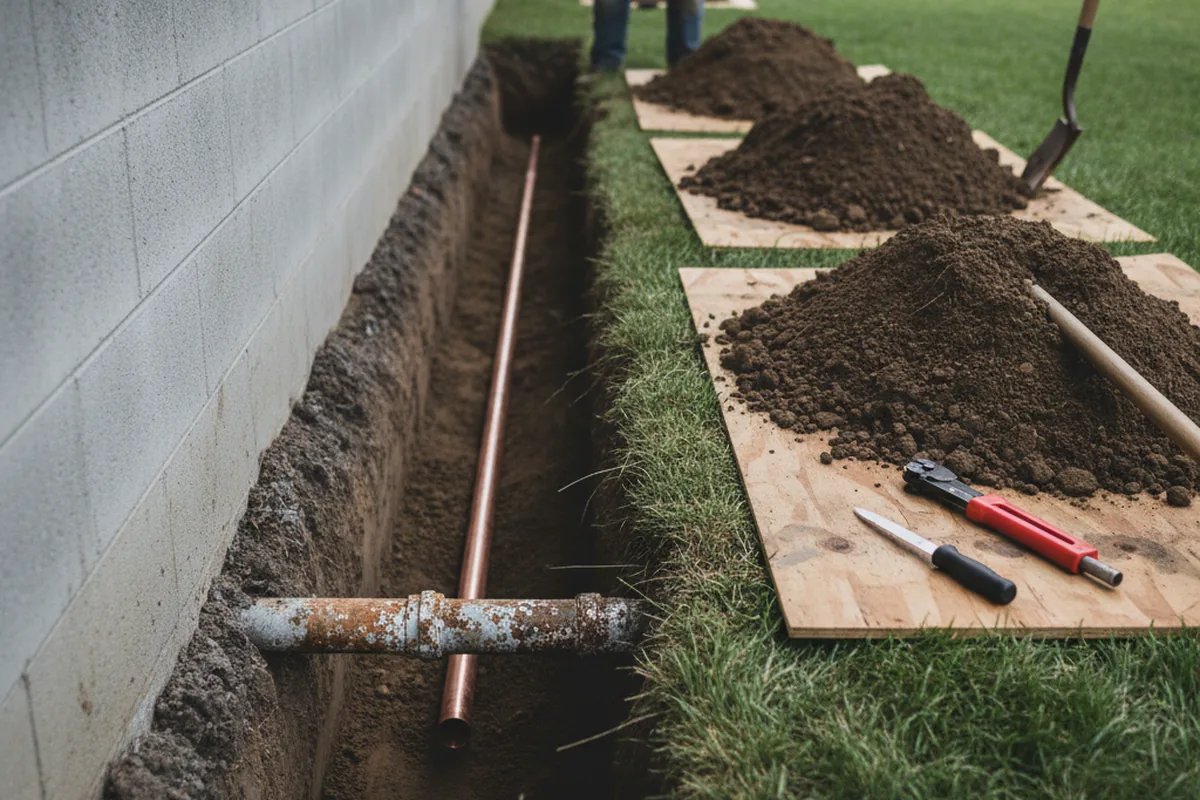 Excavated water line trench during Water Softener Installation in Friedheim